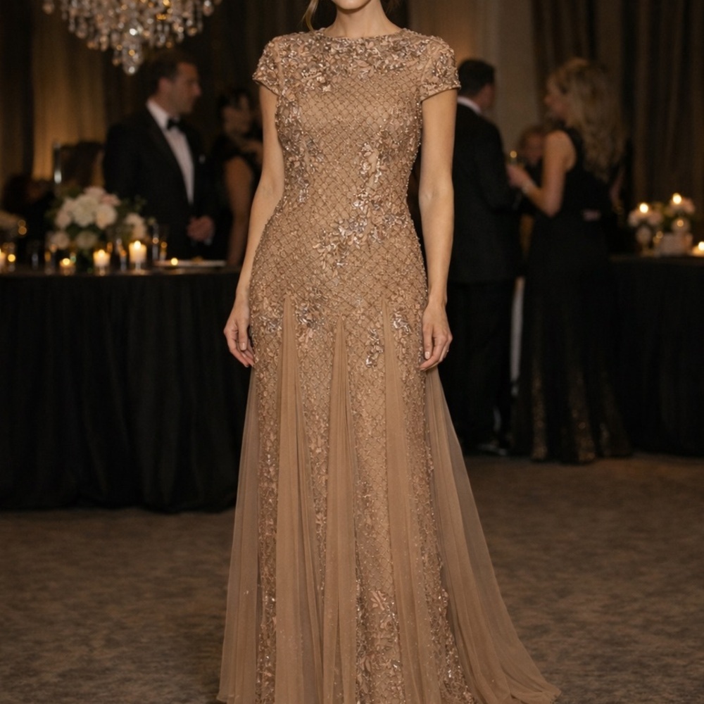 Adrianna Papell Bronze Embellished Tulle Maxi Dress